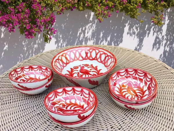 Set Gazpacho Andaluz Cerámica Fajalauza Ave Rojo 6 bols