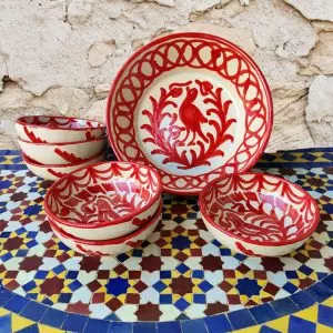 Set Gazpacho Andaluz Cerámica Fajalauza Ave Rojo 6 bols