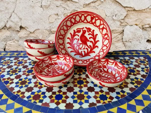 Set Gazpacho Andaluz Cerámica Fajalauza Ave Rojo 6 bols